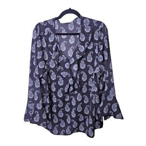 Bob Mackie Wearable Art Blouse Size 2X Ruffle Chest and Sleeves Black Paisley
